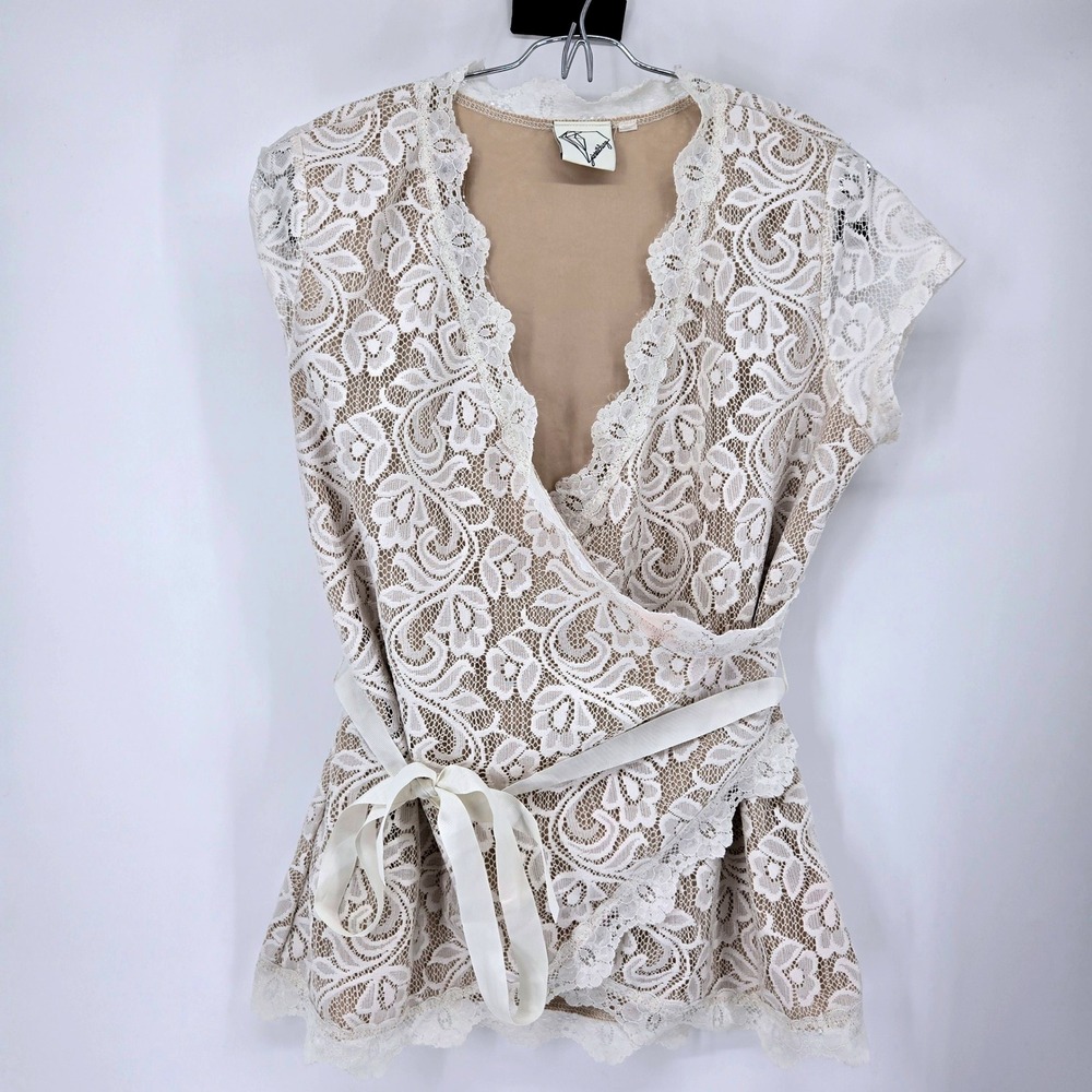 Janet Chung White Floral Lace Wrap Top Short Sleeve Blouse Nude Lining XL Y2K